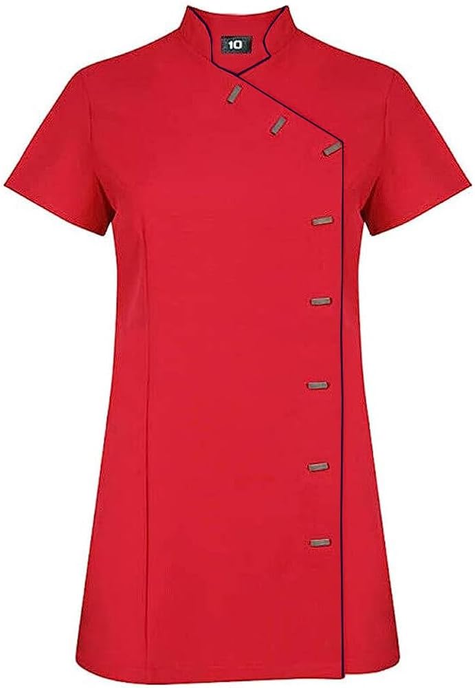 Ibex Beauty Tunic Spa Salon Beautician Nail Nursing Uniform, Red with Black